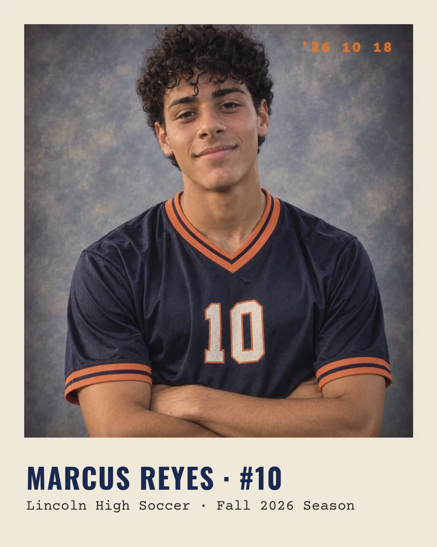 Picture day print of Marcus Reyes, arms crossed, navy and orange jersey number 10, Fall 2026 Season