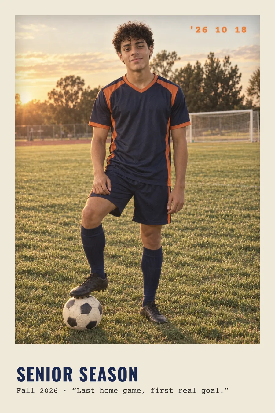 Senior Season print of Marcus on the field at golden hour with the caption Last home game, first real goal