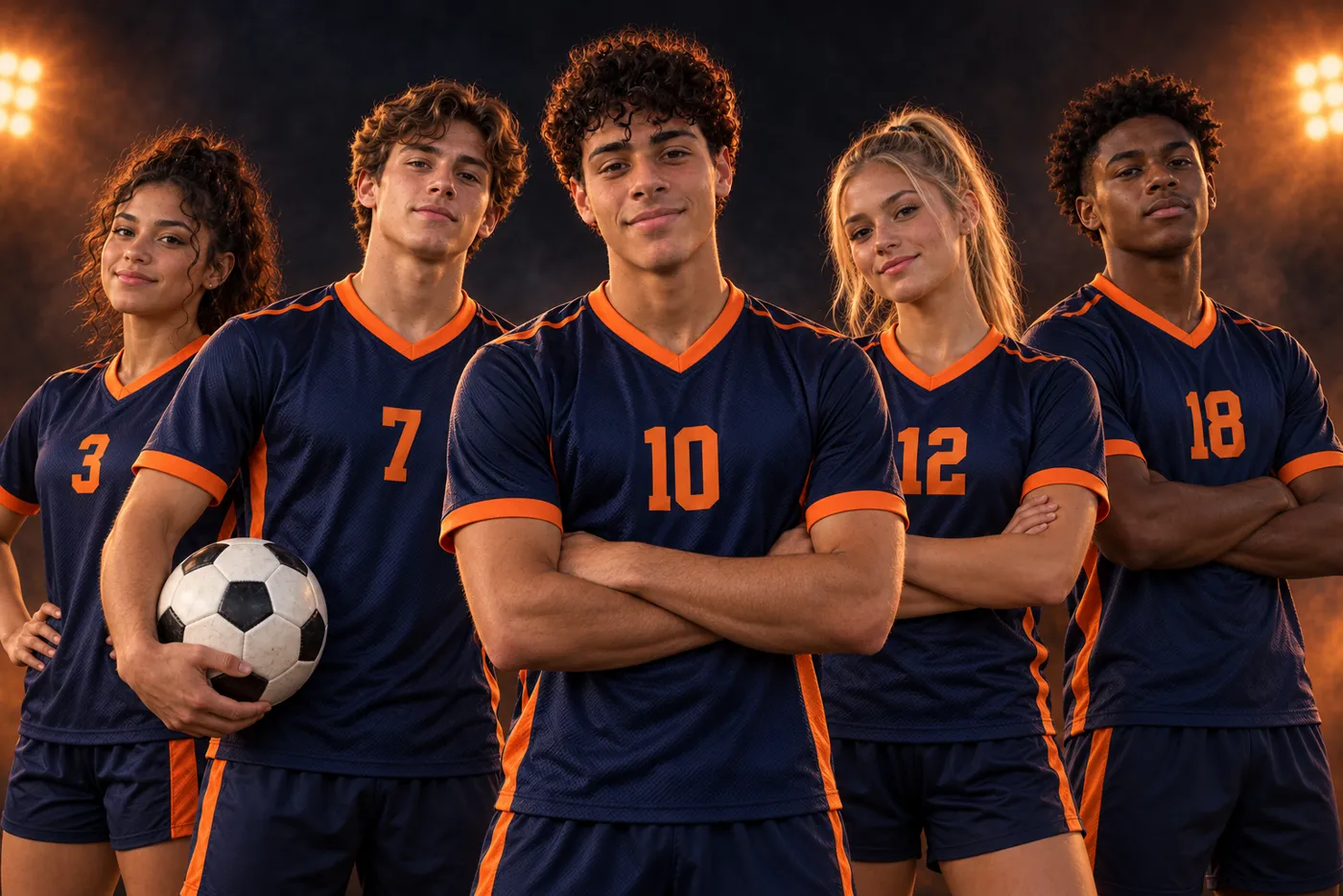 Sample media day team photo of five soccer players in navy and orange kits (made-up players)